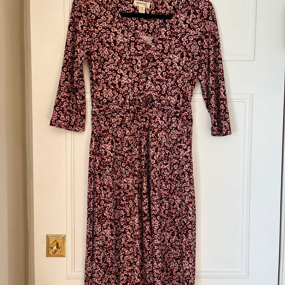 Monteau Burgundy Floral Long Sleeve Wrap-Dress